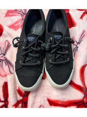 Sperry Black Canvas Women’s Lace-Up Boat Shoes with White Sole